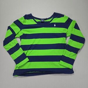 Ralph Lauren Sport Long Sleeve Striped V Neck Shirt Top XL Green Navy Polo Women